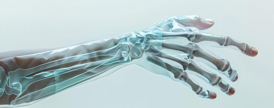 A doctors hand firmly grasping a bone Xray film, with the focus on the intricate details of the Xray itself, set against a plain white background