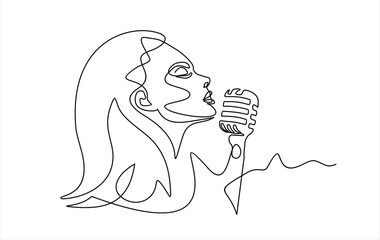 Young woman singing in a retro microphone. Continuous one line drawing. Vector illustration.