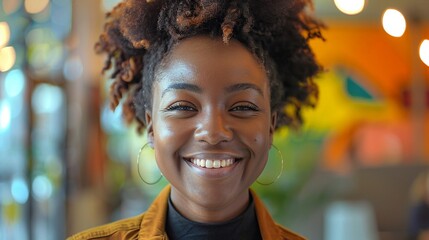 Close-up of a joyful employee, combined with images of a supportive and inclusive workplace