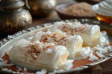 Traditional Turkish milky dessert, palace wrap with coconut (Turkish name; Saray wrap or Saray sarmasi)  sultan wrap