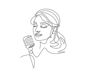 Young woman singing in a retro microphone. Continuous one line drawing. Vector illustration.