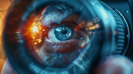 Close-up of a photographer's eye through a camera lens, double exposure with captured photos and light flares