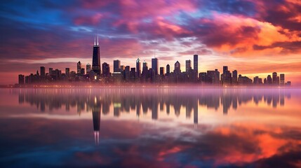 The image showcases a beautiful city skyline at sunset with vibrant colors and a calm reflection on water - Powered by Adobe