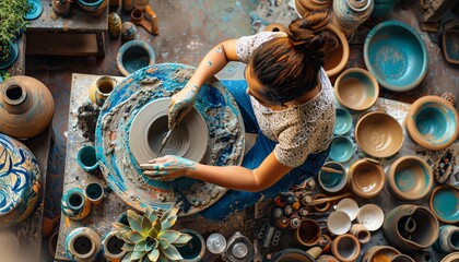 Top view of a skilled potter crafting a ceramic pot on a pottery wheel surrounded by colorful pottery and tools.