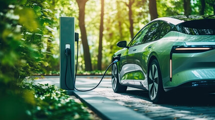 A modern electric vehicle charging at a station amidst a lush green forest environment