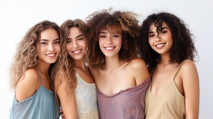 Obraz premium An image of five joyous women with beautiful smiles in a friendly group pose, showcasing diversity and beauty