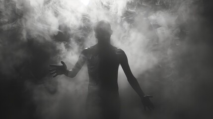 Fototapeta premium silhouette of a man emerging through dense smoke in dramatic light