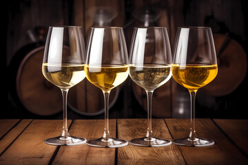 Wine set. Wine tasting, the most popular varieties of white, red wines in wine glasses on vintage wooden table