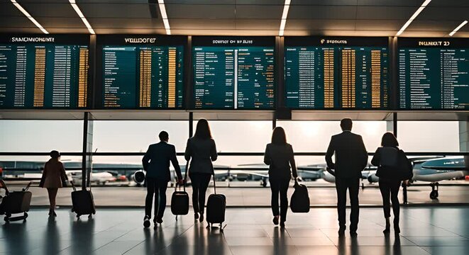 People looking at the flight information board at the airport.	
