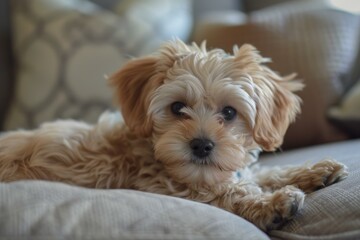 Cute, fluffy little dog rests peacefully on a sofa, gazing with gentle eyes