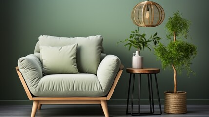 A contemporary living room setup with a cozy armchair, stylish side table and lush green plants