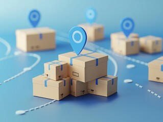 Stacked delivery boxes with location pins on a blue background, representing logistics and shipping.