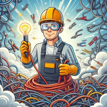 A cheerful cartoon electrician, equipped with tools, stands amidst a chaotic tangle of colorful wires, holding a glowing light bulb.. AI Generation