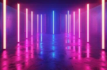 3d render of empty room with colorful neon light tubes, pink and purple color theme, dark background, minimalistic, modern, studio