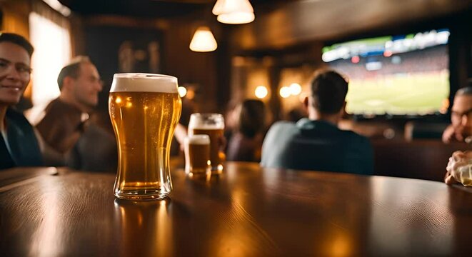 Friends watching a soccer game in a pub with beers.