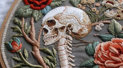 Human skeleton, skull embroidery thread fabric design