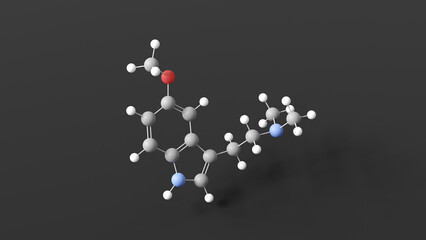 5-meo-dmt molecular structure, o-methyl-bufotenin, ball and stick 3d model, structural chemical formula with colored atoms
