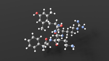 elamipretide molecular structure, tetrapeptide, ball and stick 3d model, structural chemical formula with colored atoms
