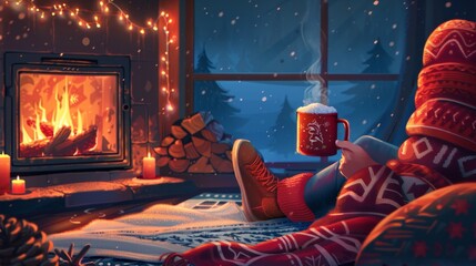 Hot Cocoa by the Fire: Illustrate a cozy indoor scene with a person enjoying a mug of hot cocoa by a fireplace, surrounded by blankets and winter decor, emphasizing warmth and comfort. 