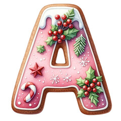 Christmas themed uppercase letter A with pink gingerbread cookie with decorations isolated on transparent background, alphabet clipart
