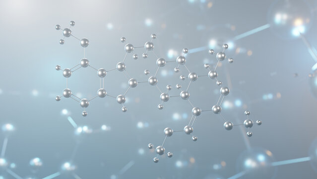 mitragynine molecular structure, 3d model molecule, indole-based alkaloid, structural chemical formula view from a microscope