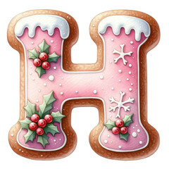 Christmas themed uppercase letter H with pink gingerbread cookie with decorations isolated on transparent background, alphabet clipart