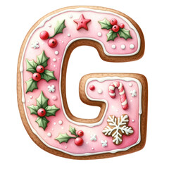 Christmas themed uppercase letter G with pink gingerbread cookie with decorations isolated on transparent background, alphabet clipart