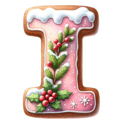 Christmas themed uppercase letter I with pink gingerbread cookie with decorations isolated on transparent background, alphabet clipart