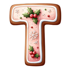 Christmas themed uppercase letter T with pink gingerbread cookie with decorations isolated on transparent background, alphabet clipart
