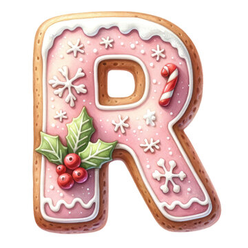 recommend clip art: Christmas themed uppercase letter R with pink gingerbread cookie with decorations isolated on transparent background, alphabet clipart