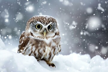 Charming little owl perched in a snowy setting with winter flakes gently falling around