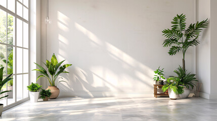 Minimalist interior design featuring a blank white wall, green plants, and stylish decor