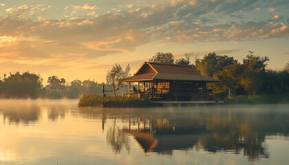 Fototapeta premium Serene lakeside house surrounded by calm water, mist, and trees during a beautiful golden sunrise, reflecting tranquility and peace.