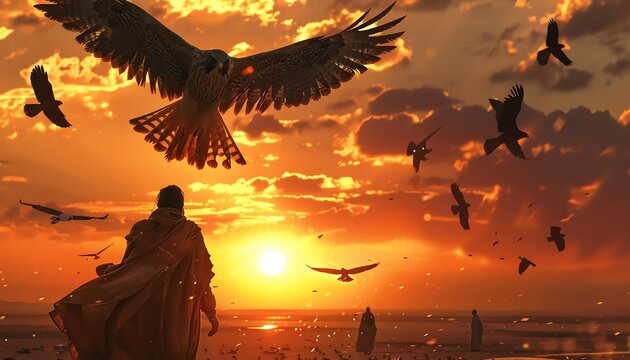 Silhouetted figure with birds flying during a golden sunset, evoking serenity and freedom in a scenic landscape view.