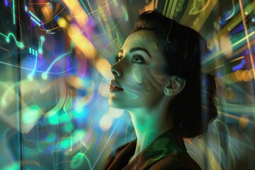 Naklejka premium A woman in CyberRenaissance garb strides through a digital landscape, blending past and future.