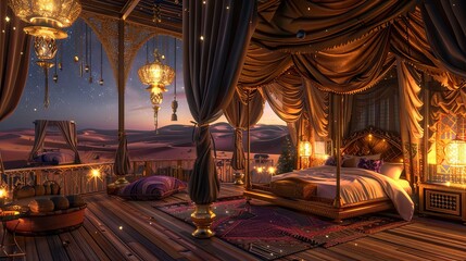 n opulent Arabian nights themed bedroom with lush draperies, a golden canopy bed, and exotic hanging lamps