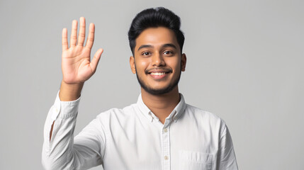 Friendly Young Man with Short Hair Smiling and Waving Hand in Greeting Gesture
