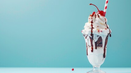 Ice cream sundae with whipped cream, chocolate syrup, and cherry