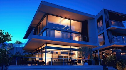 A 3-story house with a modern design, made mostly of glass windows. There is a blue sky and it appears to be nighttime. 