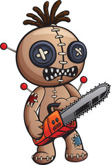 Cartoon voodoo doll holding chainsaw 