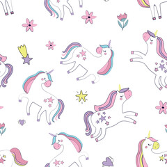 Seamless pattern with unicorns on a colored background. Vector illustration for printing on fabric, packaging paper. Cute children's background.
