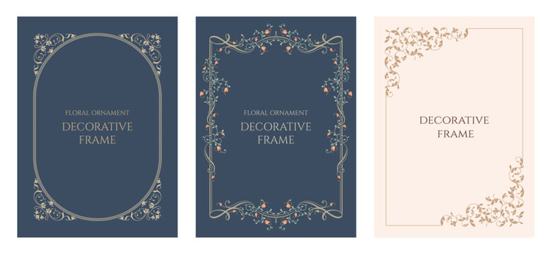 Set of cards with frame. Classic floral pattern. Template for invitations, certificates.