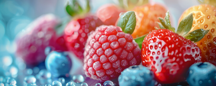 Closeup panoramic view of fresh colourful fruit. Freshness and refreshment concept.