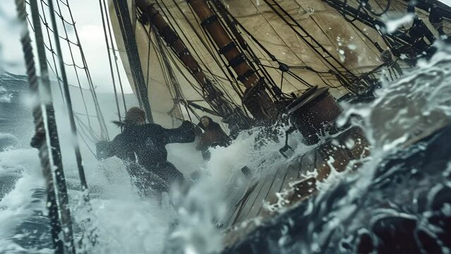 Sailors brace on a stormy sea, waves crash over the deck of an old ship