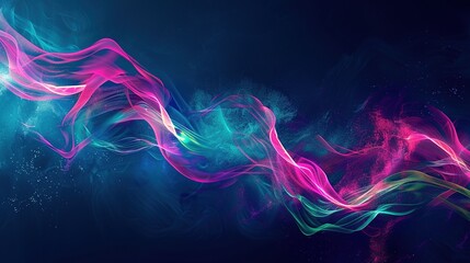 A dark blue background with a bright pink and green glowing ribbon flowing through the center.  