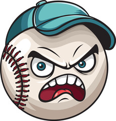 Cartoon angry baseball ball character wearing blue hat