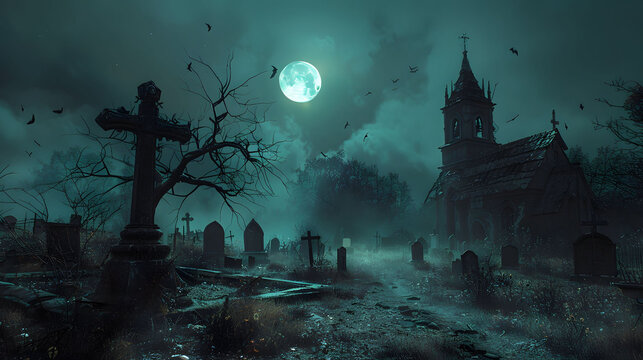 Spooky Gothic Graveyard with Church Silhouette Under Full Moon