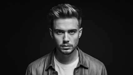 Fototapeta premium Contrast of Souls Expressive Black and White Portrait of a Man Against Deep Black Background