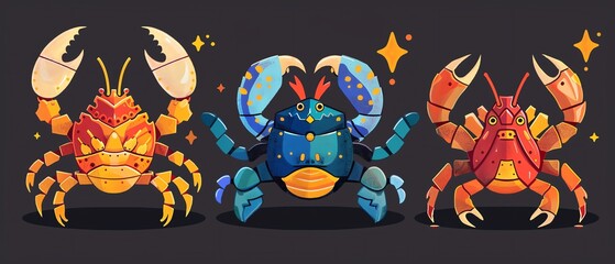 Colorful cartoon crabs with unique designs and star decorations, showcasing playful and vibrant characters on a dark background.