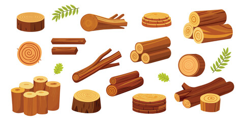 Lumber industry wood logs. Tree trunks, stumps, planks, piled firewood. Hardwood timber materials for lumber industry vector set.